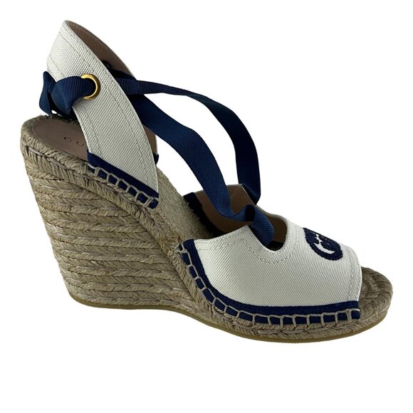 Gucci Women's Espadrille With Ribbon Tie Interlocking G White & Blue Sz 38 - Picture 6 of 11